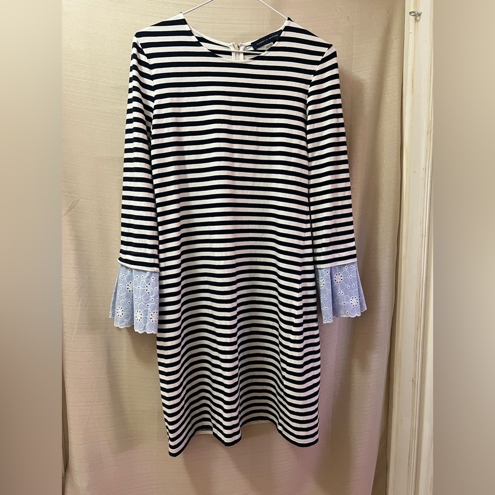 Tommy Hilfiger Navy White Striped Dress Ruffle Cuffs Size Small Nautical Chic